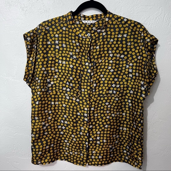 CAbi #183 Clover Dot gray & yellow silk top - Picture 2 of 8
